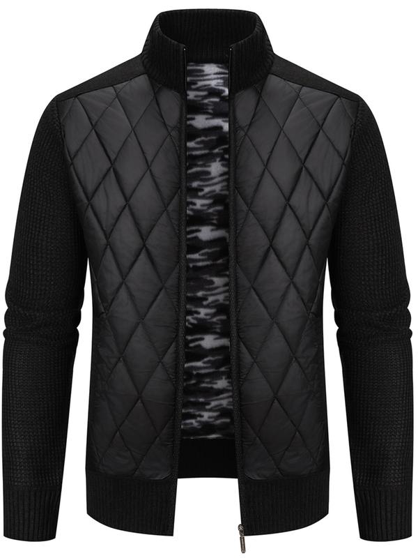 Men's Patchwork Quilted Zip Up Cardigan, Casual Regular Fit Long Sleeve Mock Neck Zip Front Knitwear for Fall & Winter, Men's Clothes for Daily Wear