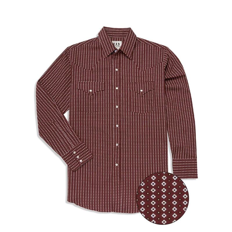 Men's Ely Cattleman Long Sleeve Geo Print Western Snap Shirt- Black & Burgundy