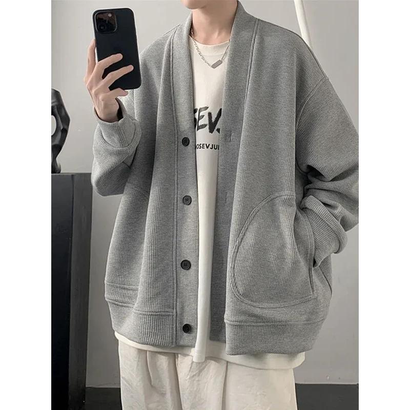 2024 New Korean Fashion Cardigan For Men Autumn Solid Color Y2K Streetwear Sweatshirts Man Casual Vintage Loose Jackets Sweaters