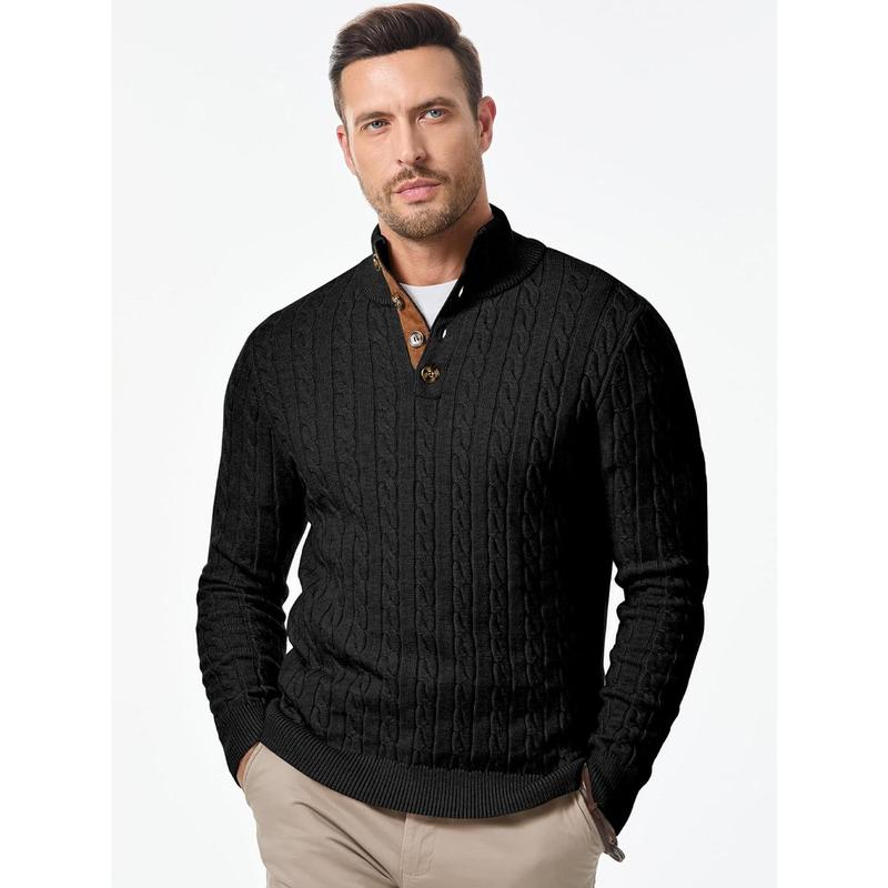 Jmierr Men's Twisted Knitted Pullover Sweater Casual Long Sleeve Stand Collar Button Knitted Sweater