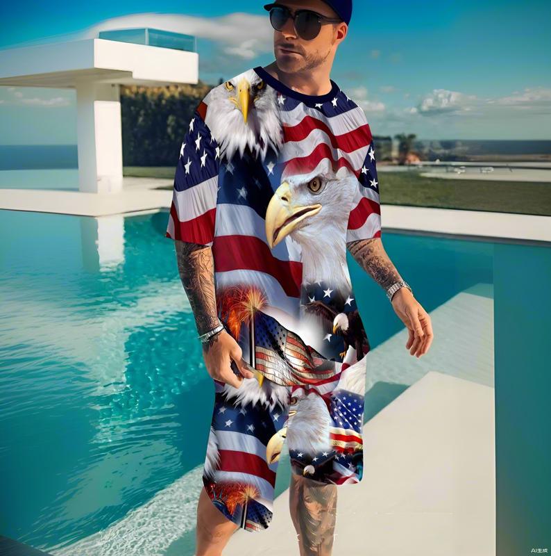 American Flag Eagle 3D print  sporty shorts sets Men's Casual Loungewear Graphic Tees, Shorts, and Sports Suit Hawaiian Outfit Set  regular sleeve outfit set