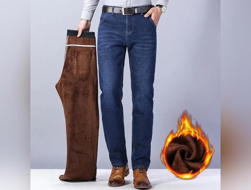 Classic Style Winter Men's Warm Thermal Business Jeans Casual Stretch Cotton Thick Fleece Blue Denim Pants Male Brand Trousers