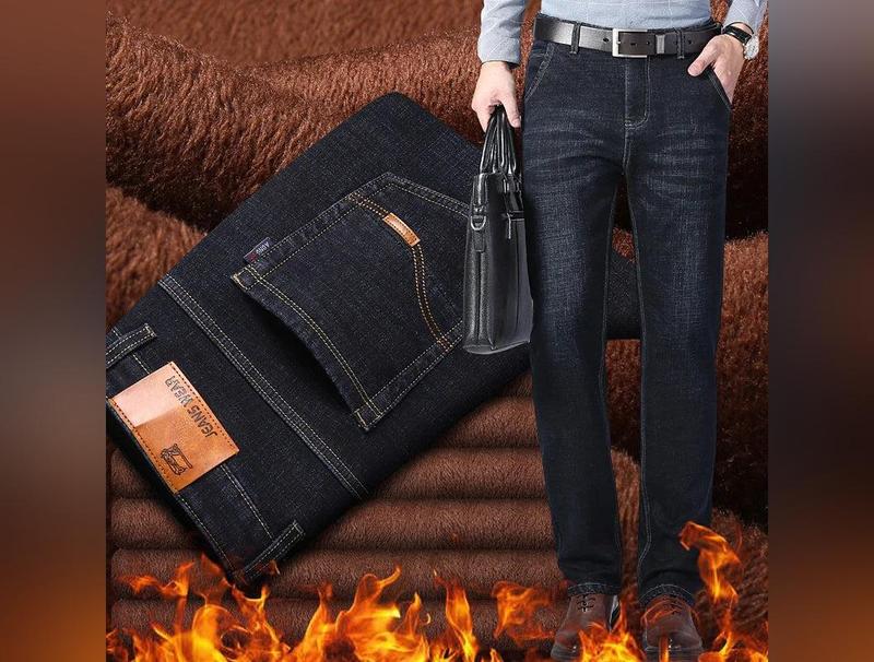 Classic Style Winter Men's Warm Thermal Business Jeans Casual Stretch Cotton Thick Fleece Blue Denim Pants Male Brand Trousers