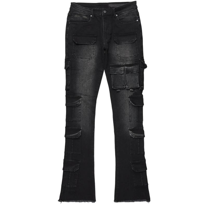 Valery Black Stacked Flared Cargo Jean