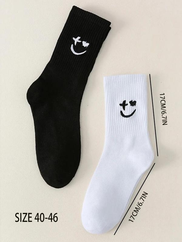 Men's Cartoon Pattern Crew Socks, Comfy Mid Calf Socks for Men, Smile Face Embroidery Ribbed Knit Socks, Multi-pack Socks