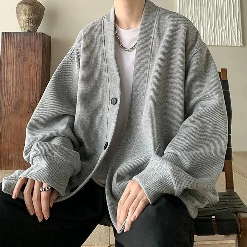 2024 New Korean Fashion Cardigan For Men Autumn Solid Color Y2K Streetwear Sweatshirts Man Casual Vintage Loose Jackets Sweaters