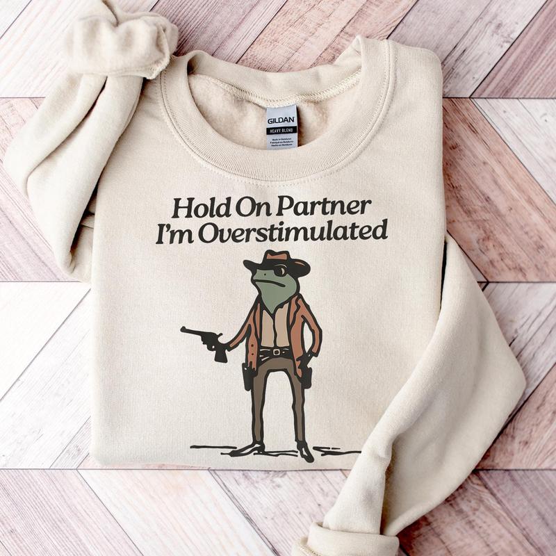 Hold On Partner Im Overstimulated Sweatshirt, Cowboy Frog Sweatshirt, Gen Z Shirt, Funny Meme Sweatshirt