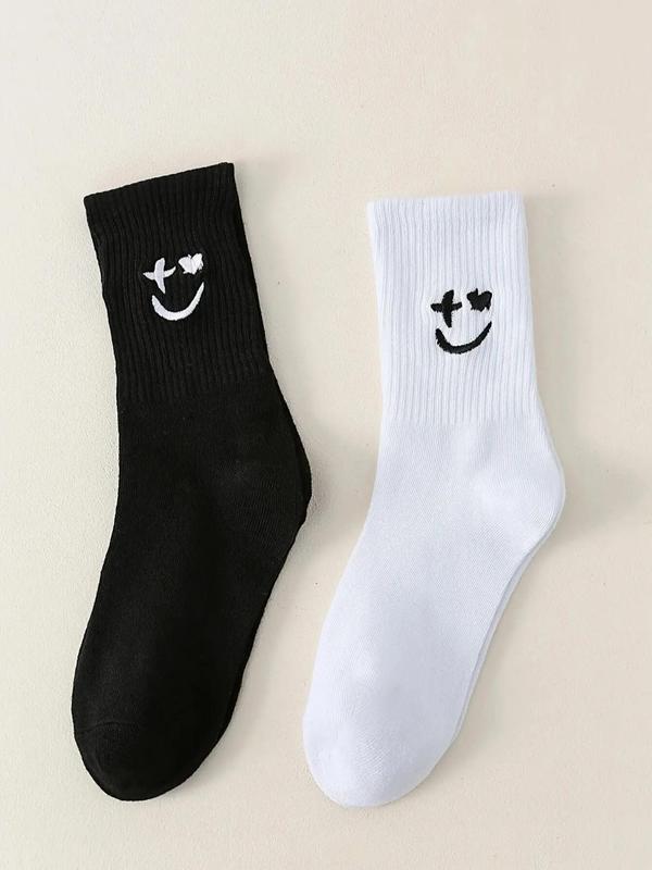 Men's Cartoon Pattern Crew Socks, Comfy Mid Calf Socks for Men, Smile Face Embroidery Ribbed Knit Socks, Multi-pack Socks