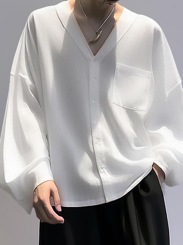 Men's Solid Drop Shoulder Semi-Sheer Pocket Shirt, Loose Casual Long Sleeve V Neck Top for Daily Outdoor Wear, Fashion Men's Clothes for All Seasons Sheer Shirts