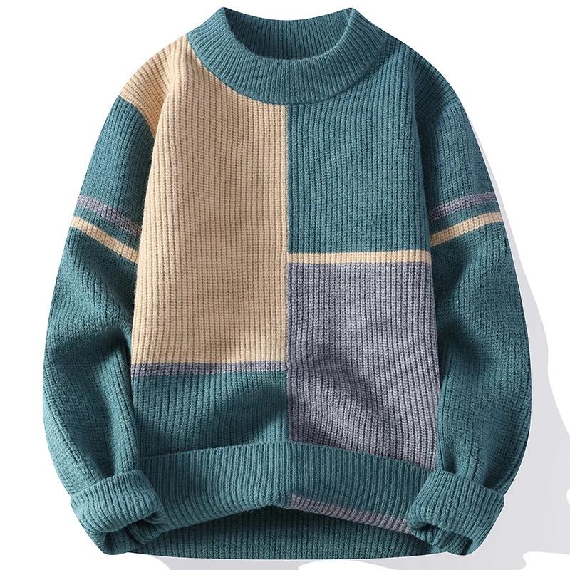 Autumn Winter O Neck Pullovers Men Patchwork Casual Knit Sweater Fashion Youthful Vitality Knitted Warm Pullover Man Y2K Sweater