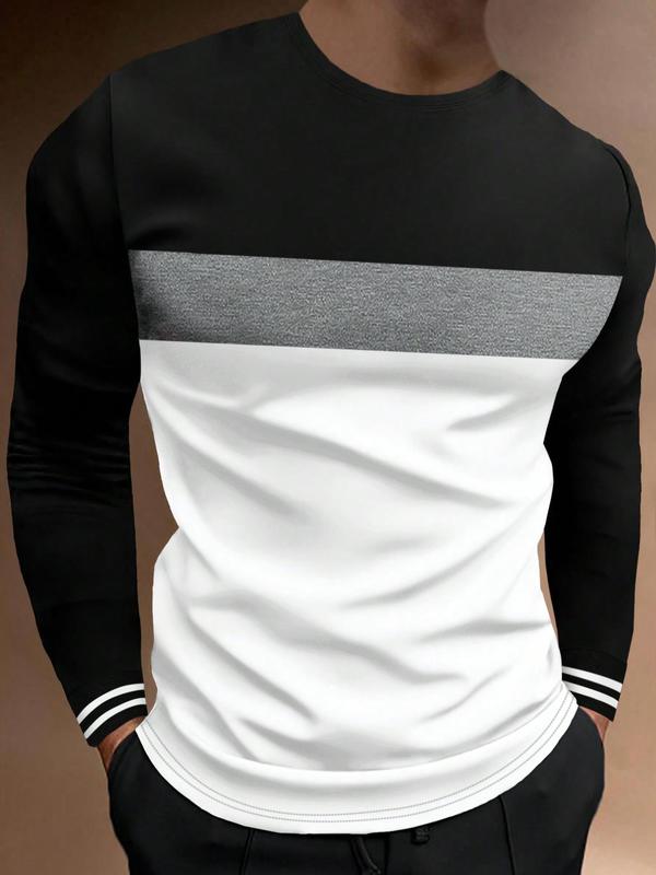 Men's Colorblock Striped Print Round Neck Tee, Casual Long Sleeve Crew Neck T-Shirt for Spring & Fall, Fashion Men's Regular Fit Streetwear Top for Daily Wear