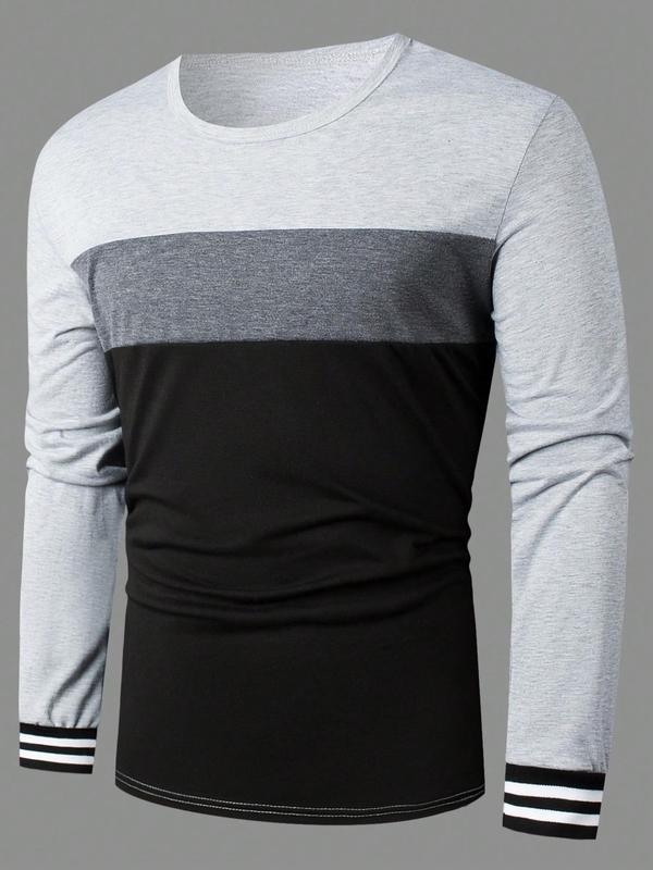 Men's Colorblock Striped Print Round Neck Tee, Casual Long Sleeve Crew Neck T-Shirt for Spring & Fall, Fashion Men's Regular Fit Streetwear Top for Daily Wear