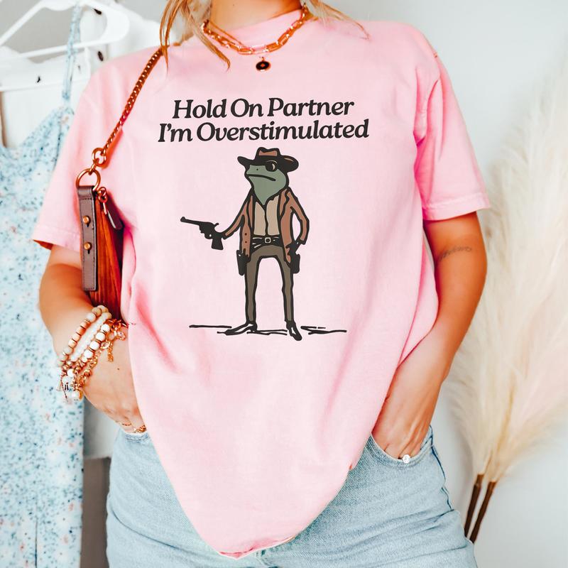 Hold On Partner Im Overstimulated Sweatshirt, Cowboy Frog Sweatshirt, Gen Z Shirt, Funny Meme Sweatshirt