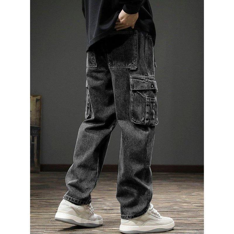 Men's Wide-Leg Cargo Jeans - Relaxed Fit and Multiple Pockets for Stylish and Comfortable All-Season Wear - Trouser