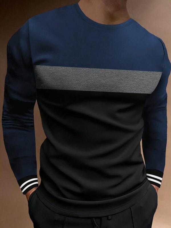 Men's Colorblock Striped Print Round Neck Tee, Casual Long Sleeve Crew Neck T-Shirt for Spring & Fall, Fashion Men's Regular Fit Streetwear Top for Daily Wear