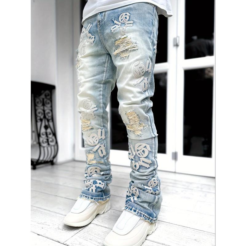 Men's Casual Letter Splicing Skinny Jeans, Vintage Style Ripped Jeans