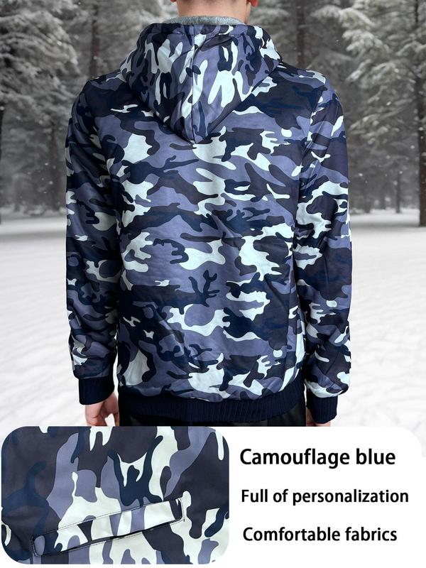 Men's Camo Print Pocket Zip Up Hooded Jacket, Regular Fit Casual Long Sleeve Thermal Lined Outerwear for Fall & Winter, Winter Clothing Men, Men's Clothes for Daily Wear