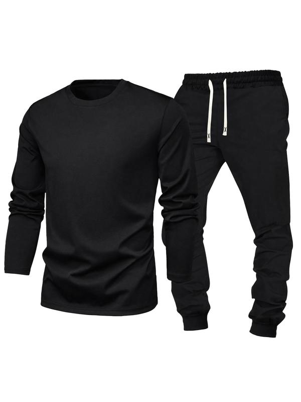  Two-piece Set Men's Solid Long Sleeve Tee & Pants Set, Casual Fashion Cozy Round Neck Top & Trousers for Daily Outdoor Wear, Men's Two-piece Outfits for Spring