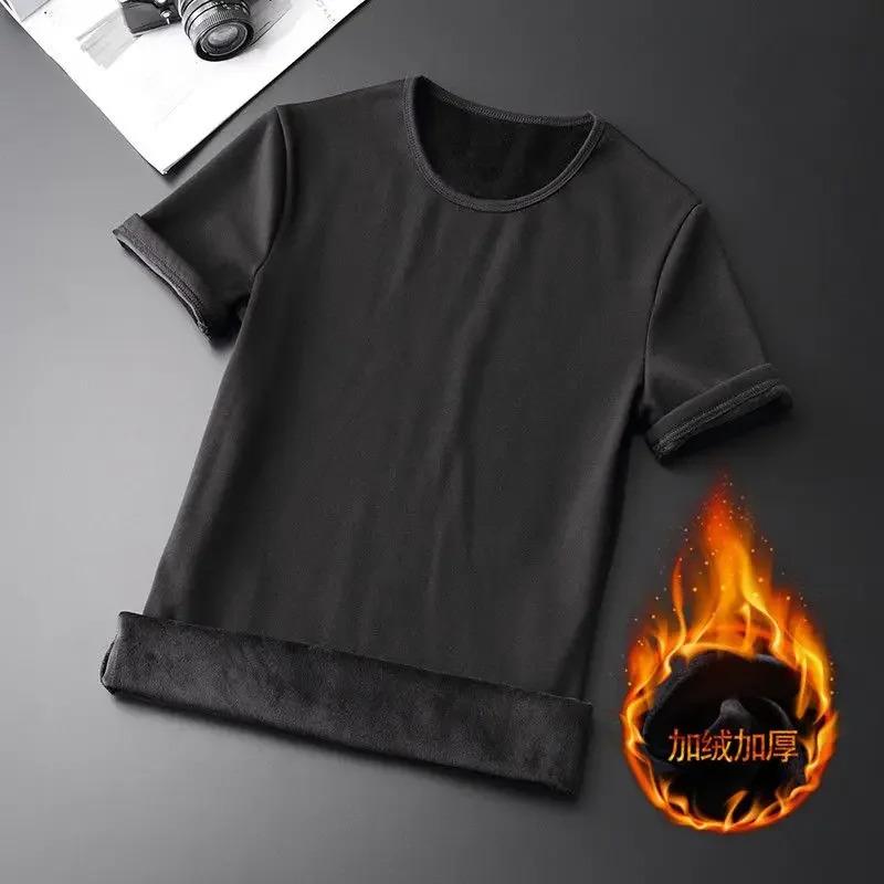 Men thermal underwear tops fleece thicken short sleeve T-shirt keep warm tees O-neck solid bottoms thermal pullovers