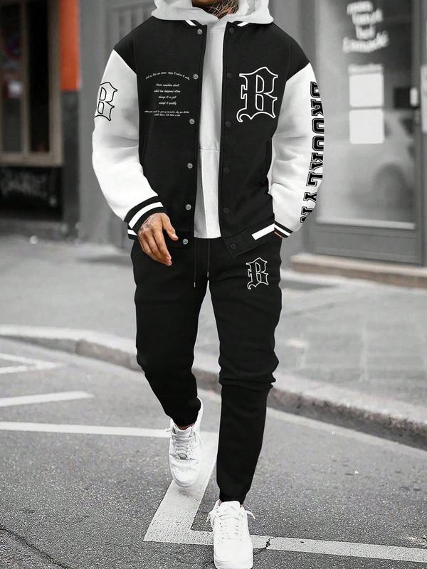 Men's Letter Print Baseball Jacket & Drawstring Waist Sweatpants Two-piece Set, Regular Fit Casual Button Front Long Sleeve Outerwear & Pocket Jogger Pants for Daily Wear, Men's Two-piece Outfits for Fall & Winter