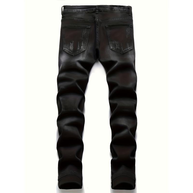 Stretch Denim Men's Casual Jeans, Street Style Skull Embroidery Pants Menswear Spandex