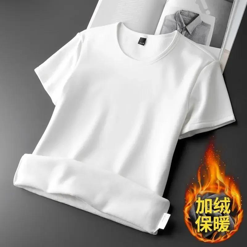 Men thermal underwear tops fleece thicken short sleeve T-shirt keep warm tees O-neck solid bottoms thermal pullovers