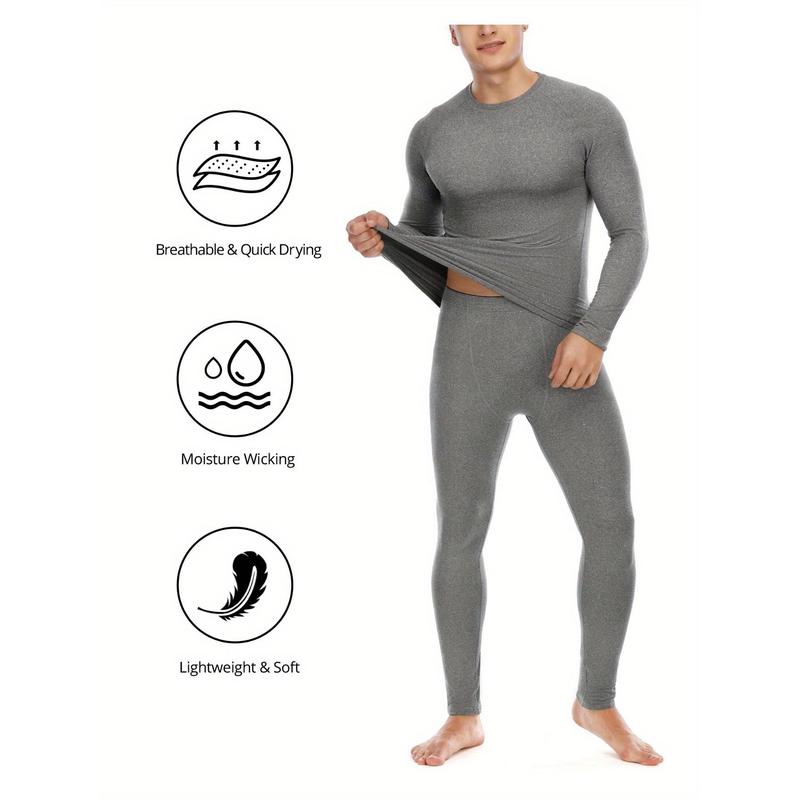 Men's Slim Fit Thermal Underwear Set: Warm, Stretchy & Durable – Ultimate Comfort for Winter Sports and Casual Weekend, Solid color, polyester