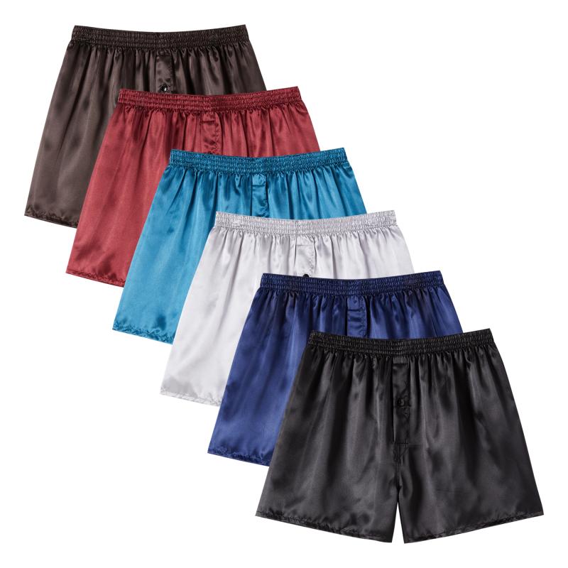 6pcs Mens Satin Boxer Shorts Pack, Silk Feeling Sleep Shorts Underwear with Button Fly, Silky Pajama Bottoms for Men