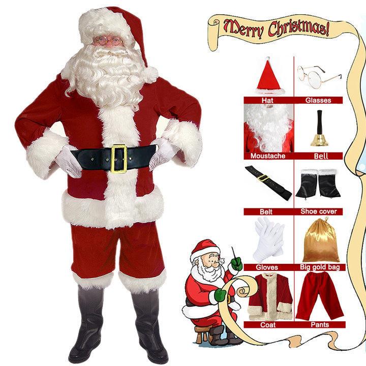 Gardentime Deluxe Santa Claus Costume for Men – 10-Piece Red Velvet Outfit for Christmas, Holiday Party, & Role Play