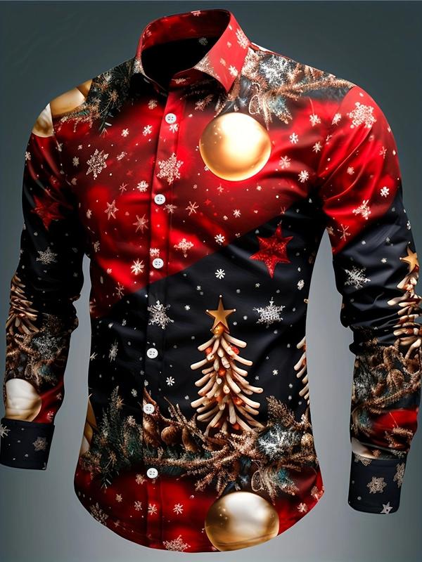 Men's Christmas Tree & Snowflake Print Button Front Shirt, Regular Fit Casual Comfy Long Sleeve Collared Top for Fall & Winter, Men's Clothes for Daily Wear