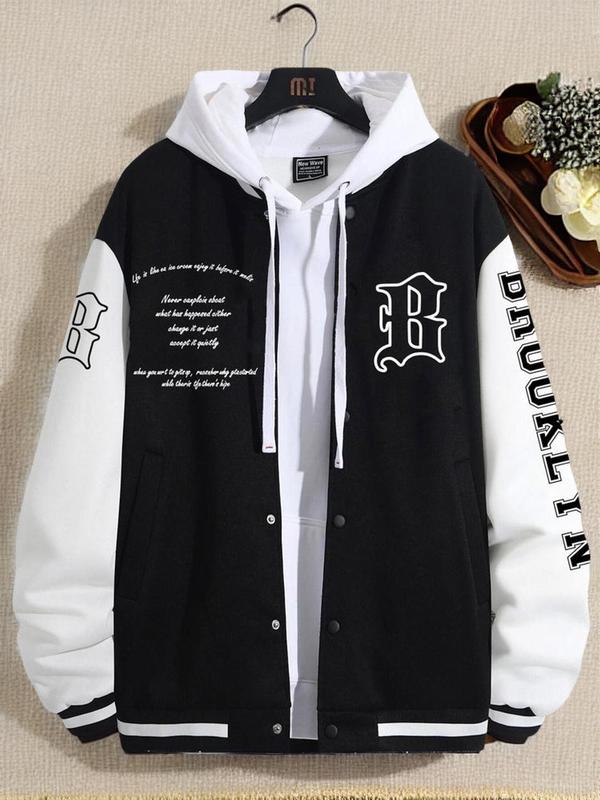 Men's Colorblock Graphic Drop Shoulder Varsity Jacket, Winter Coats, Stylish Soft Letter Print Pattern Casual Street Baseball Jacket, Jacket for Men, Back To School Clothes, Fashion Clothes for Daily Wear, Men's Clothing, Menswear, Experimental Outfits