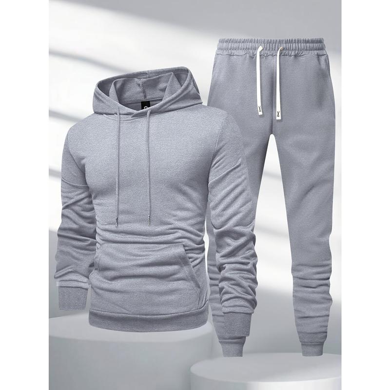 A Set of Men's Casual Polyester Sportswear, Solid Color Long Sleeve Hoodie with Drawstring Waist Jogger Pants, Suitable for Spring and Autumn Season Knitted Sports Leisure Clothing Suit