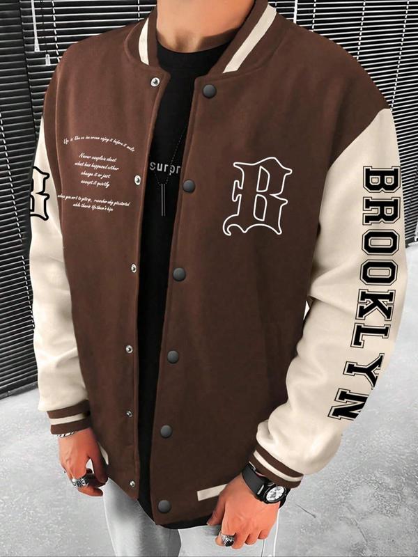 Men's Colorblock Graphic Drop Shoulder Varsity Jacket, Winter Coats, Stylish Soft Letter Print Pattern Casual Street Baseball Jacket, Jacket for Men, Back To School Clothes, Fashion Clothes for Daily Wear, Men's Clothing, Menswear, Experimental Outfits