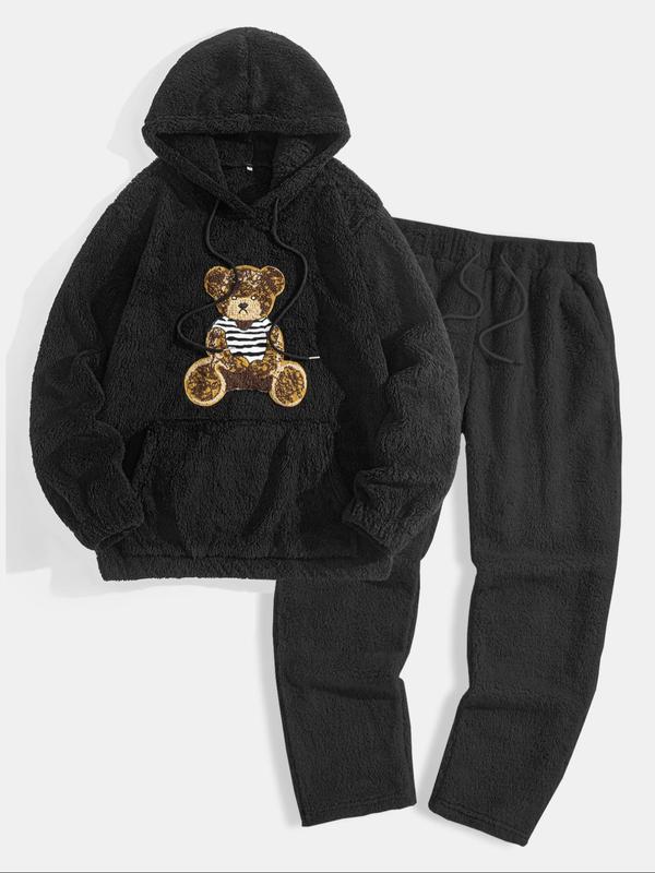 Men's Bear Pattern Sweatshirt & Drawstring Waist Sweatpants Plush Set, Casual Long Sleeve Hoodie & Pocket Jogger Pants, Men's Fall & Winter Clothes