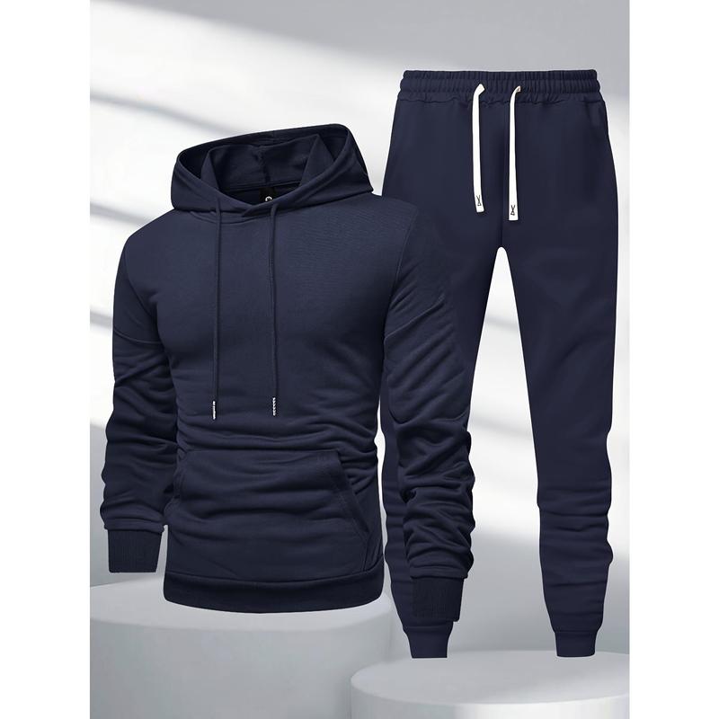 A Set of Men's Casual Polyester Sportswear, Solid Color Long Sleeve Hoodie with Drawstring Waist Jogger Pants, Suitable for Spring and Autumn Season Knitted Sports Leisure Clothing Suit