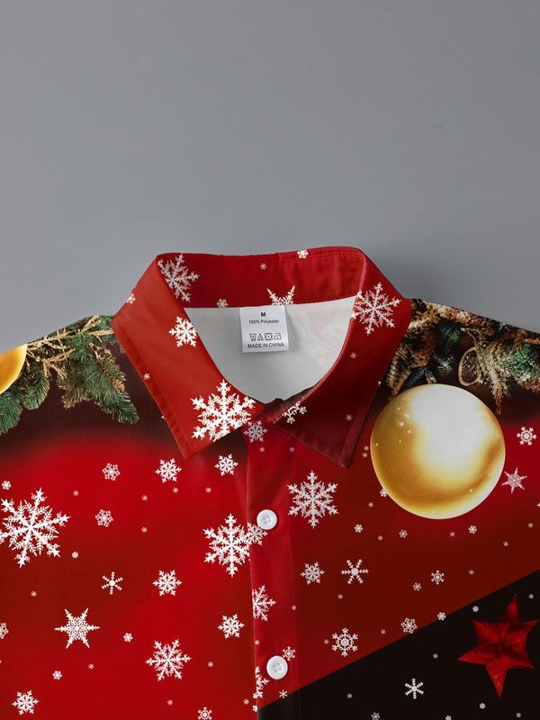 Men's Christmas Tree & Snowflake Print Button Front Shirt, Regular Fit Casual Comfy Long Sleeve Collared Top for Fall & Winter, Men's Clothes for Daily Wear