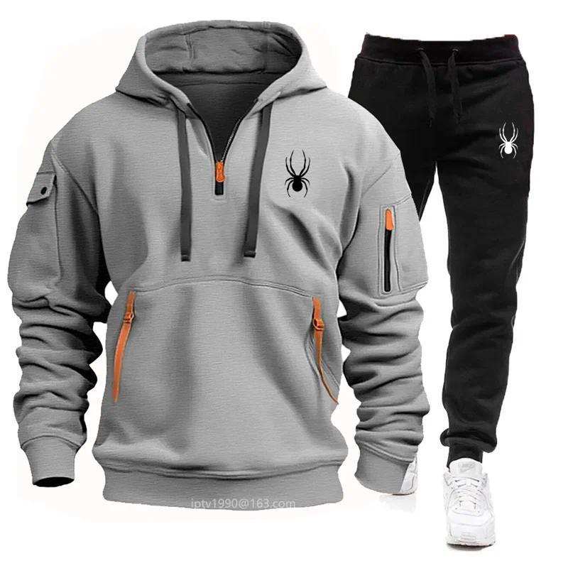 Men's new autumn and winter multi-pocket zipper long-sleeved hoodie + sports and leisure pants two-piece fitness jogging suit