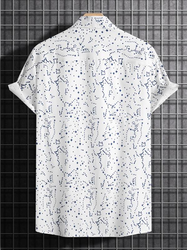 Men's Galaxy Print Button Front Shirt without Tee & Necklace, Summer Clothes, Regular Fit All Over Print Short Sleeve Collared Top for Daily Wear, Casual Summer Streetwear Top for Men