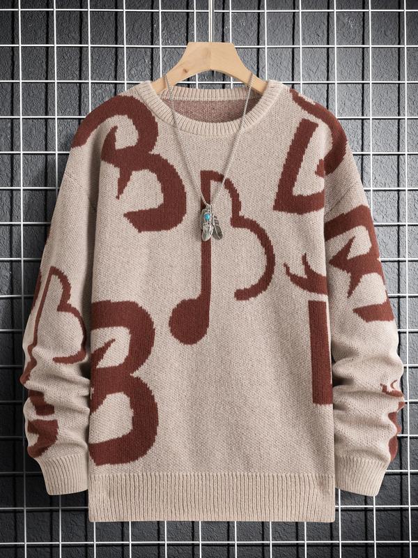 Unisex Men's Regular Fit Musical Note Print Round Neck Sweater, Fall Sweaters, Casual Long Sleeve Crew Neck Jumper for Fall & Winter, Fashion Men's Streetwear Knit Clothing for Daily Wear, Sweaters for Men, Fall Sweatshirts Knitted Sweater