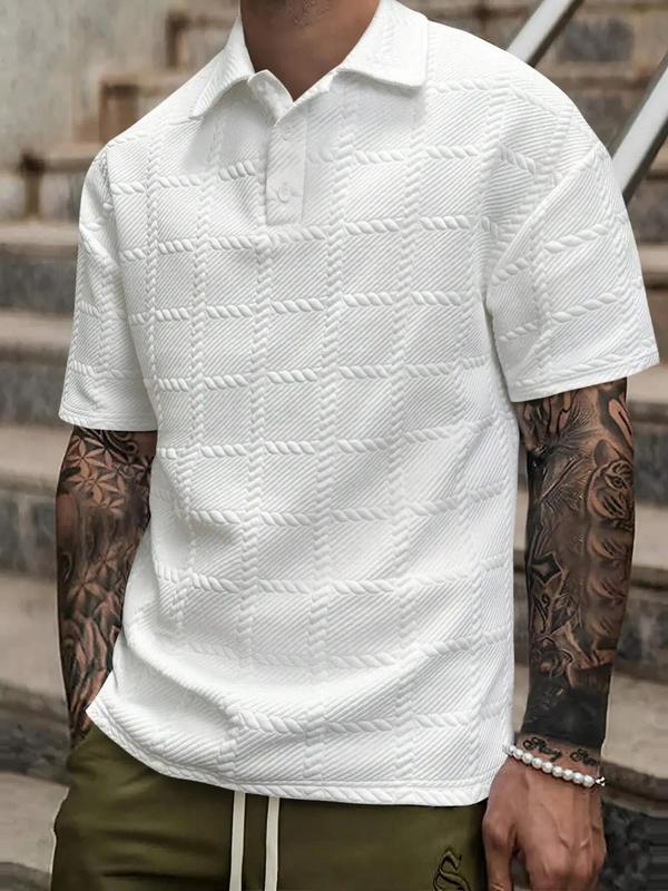 Men's Textured Short Sleeve Polo Shirt, Regular Fit Casual Button Front Top for Summer, Fashion Men's Clothes for Daily Wear