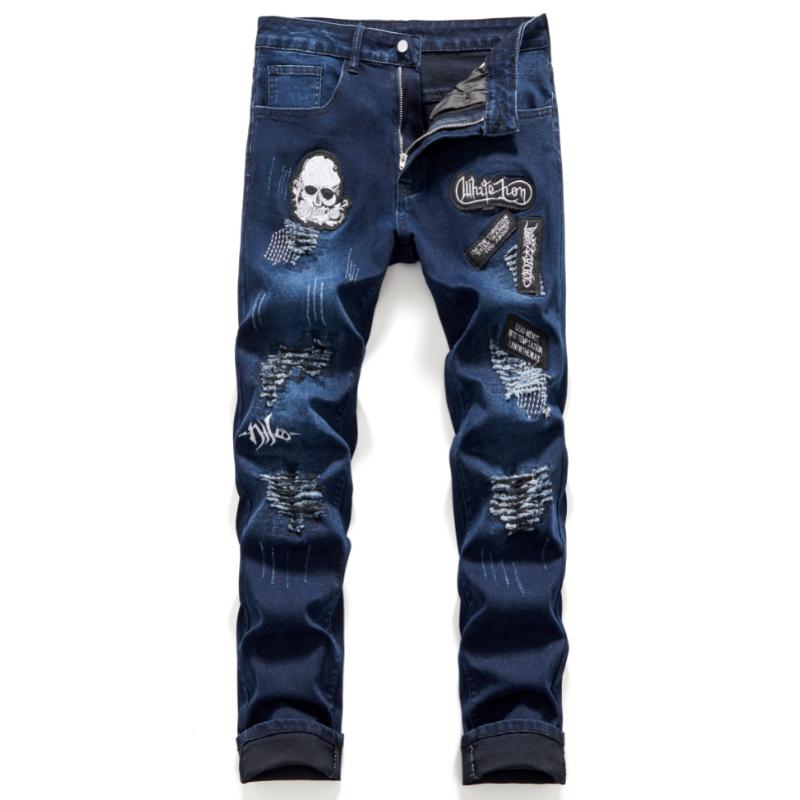 Stylish Skull Embroidered Jeans for Men - Street Style Stretch Denim Pants with Casual Comfort, Five-Pocket Design, and Fashionable Embroidery Details - Perfect for Daily Wear and Outdoor Activities