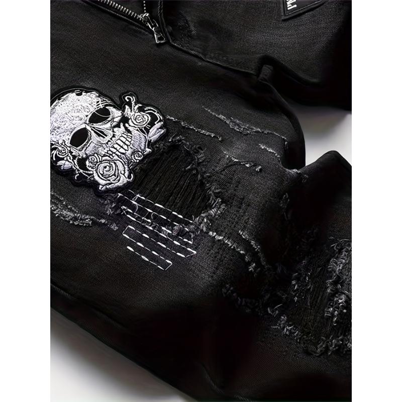 Stylish Skull Embroidered Jeans for Men - Street Style Stretch Denim Pants with Casual Comfort, Five-Pocket Design, and Fashionable Embroidery Details - Perfect for Daily Wear and Outdoor Activities