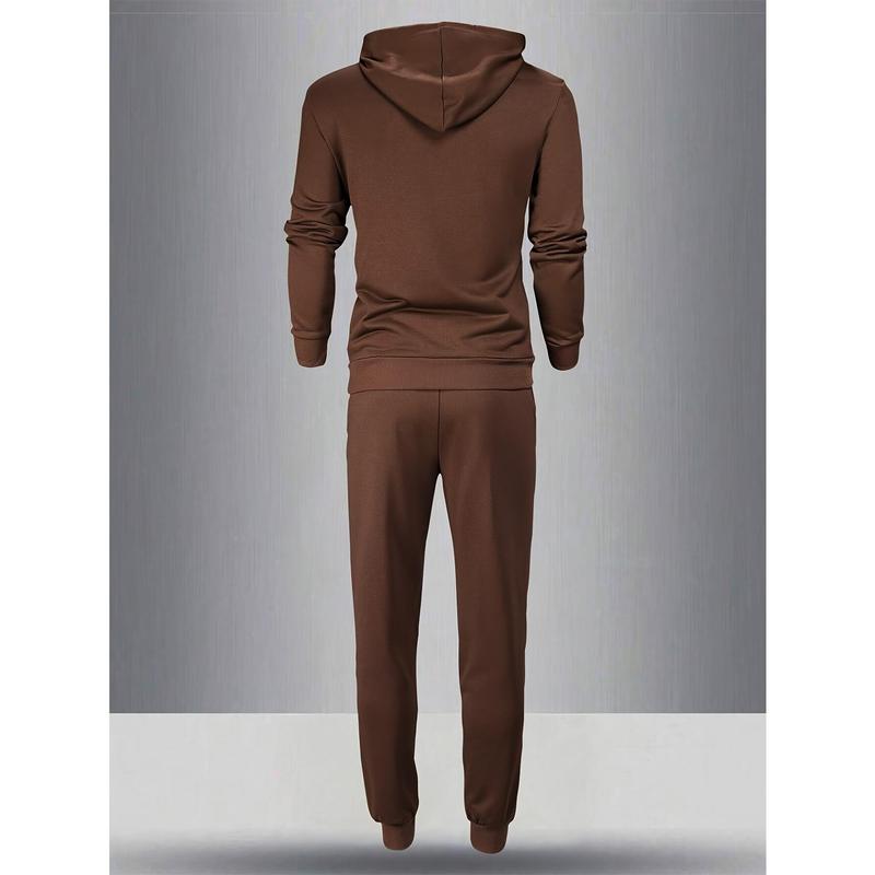 A Set of Men's Casual Polyester Sportswear, Solid Color Long Sleeve Hoodie with Drawstring Waist Jogger Pants, Suitable for Spring and Autumn Season Knitted Sports Leisure Clothing Suit