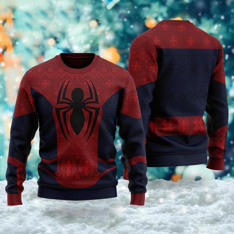 [ COUPON $5 ] Spider Ugly Christmas Sweater, Superhero Xmas Sweatshirt, Spider Xmas Party Cosplay Soft Big Graphic Smooth Loose Novelty