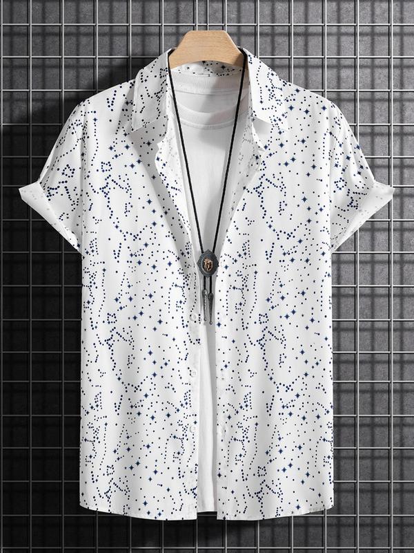 Men's Galaxy Print Button Front Shirt without Tee & Necklace, Summer Clothes, Regular Fit All Over Print Short Sleeve Collared Top for Daily Wear, Casual Summer Streetwear Top for Men