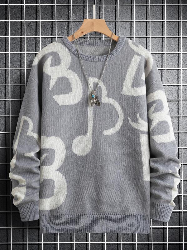 Unisex Men's Regular Fit Musical Note Print Round Neck Sweater, Fall Sweaters, Casual Long Sleeve Crew Neck Jumper for Fall & Winter, Fashion Men's Streetwear Knit Clothing for Daily Wear, Sweaters for Men, Fall Sweatshirts Knitted Sweater