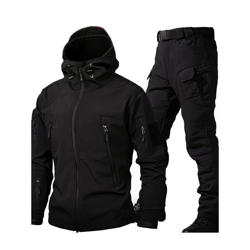 Men's outdoor two-piece suit, soft shell hooded windproof jacket, waterproof and comfortable outdoor sweatpants.