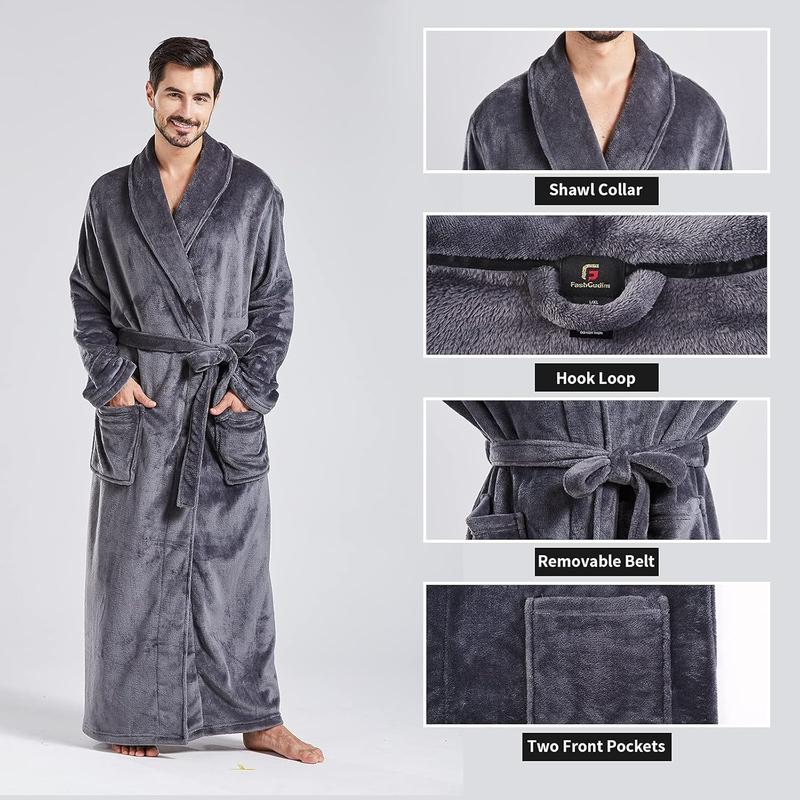 Mens Robes Big and Tall Full Length Plush Fleece Long Robe for Men Bathrobe Shawl Collar Warm Winter House Robes