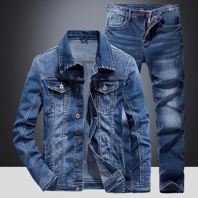 Light Blue Denim Suit Men's Slim-Fit Korean-Style Stretch Two-Piece Spring and Autumn Trends Jacket Jacket Menswear Overalls Underwear Formal