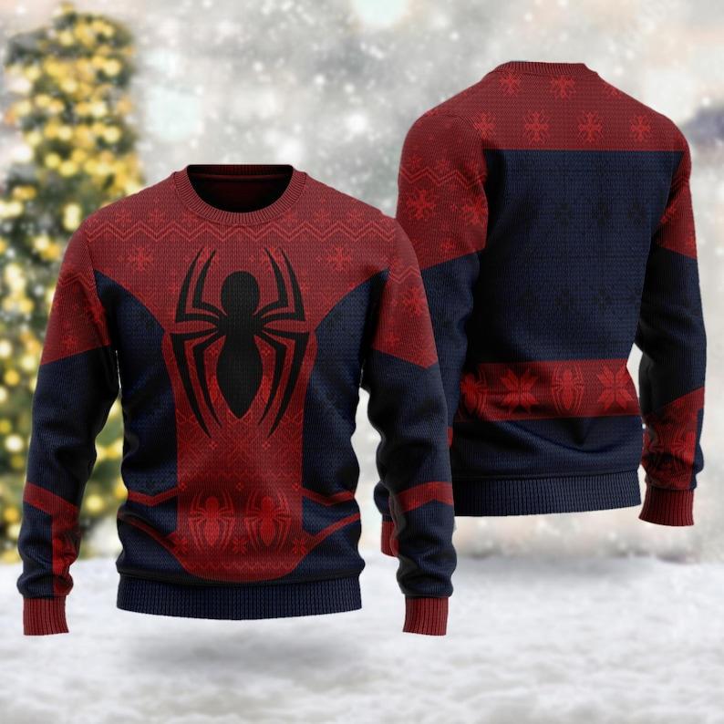 [ COUPON $5 ] Spider Ugly Christmas Sweater, Superhero Xmas Sweatshirt, Spider Xmas Party Cosplay Soft Big Graphic Smooth Loose Novelty